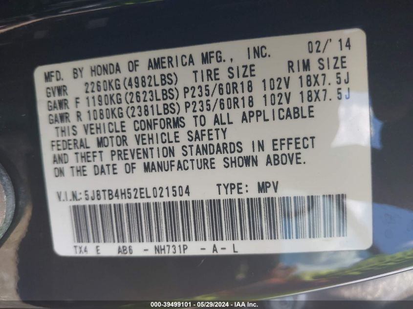 2014 Acura Rdx VIN: 5J8TB4H52EL021504 Lot: 39499101