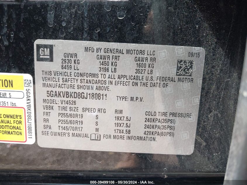 2016 Buick Enclave Leather VIN: 5GAKVBKD8GJ180811 Lot: 39499108