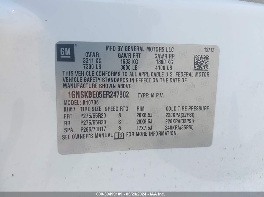 2014 Chevrolet Tahoe Lt VIN: 1GNSKBE05ER247502 Lot: 39499109