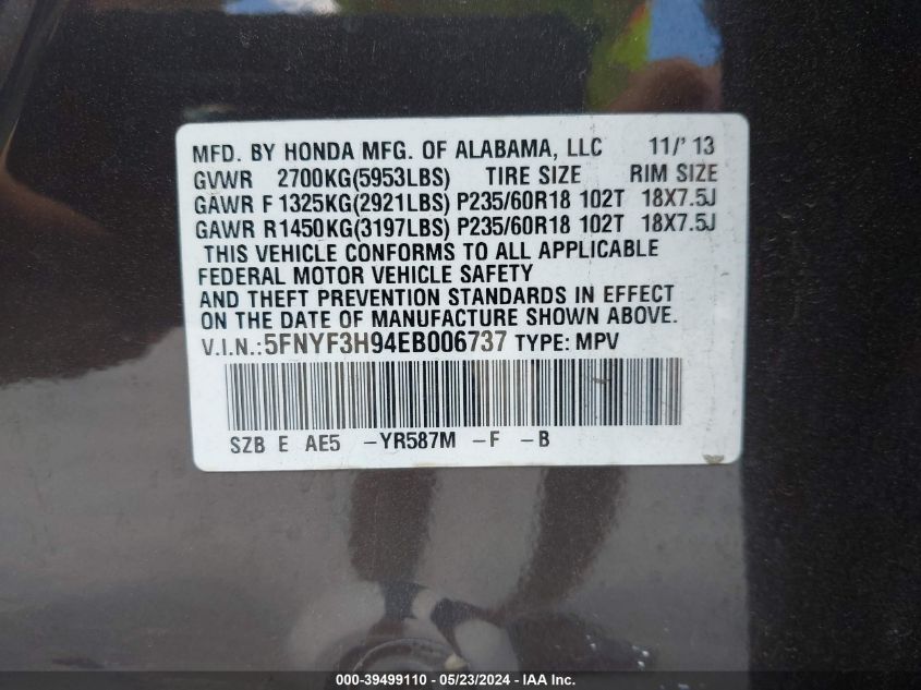2014 Honda Pilot Touring VIN: 5FNYF3H94EB006737 Lot: 39499110