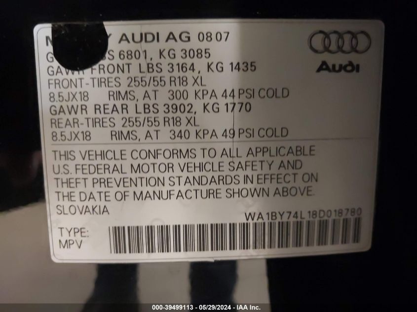 2008 Audi Q7 3.6 Premium VIN: WA1BY74L18D018780 Lot: 39499113