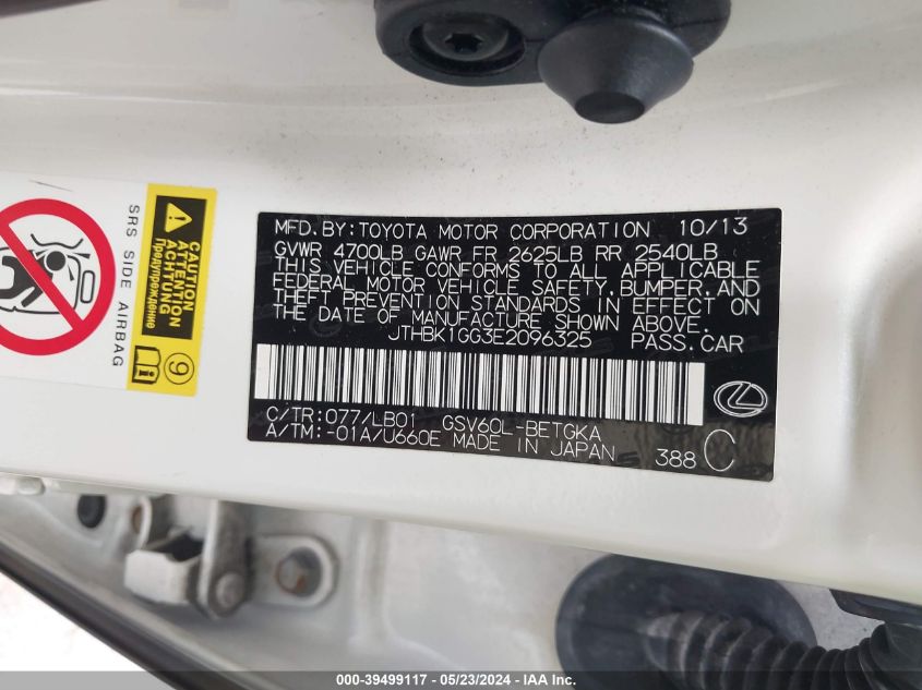 2014 Lexus Es 350 VIN: JTHBK1GG3E2096325 Lot: 39499117