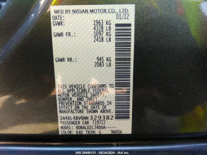 2022 Nissan Altima S Fwd VIN: 1N4BL4BV6NN329382 Lot: 39499131