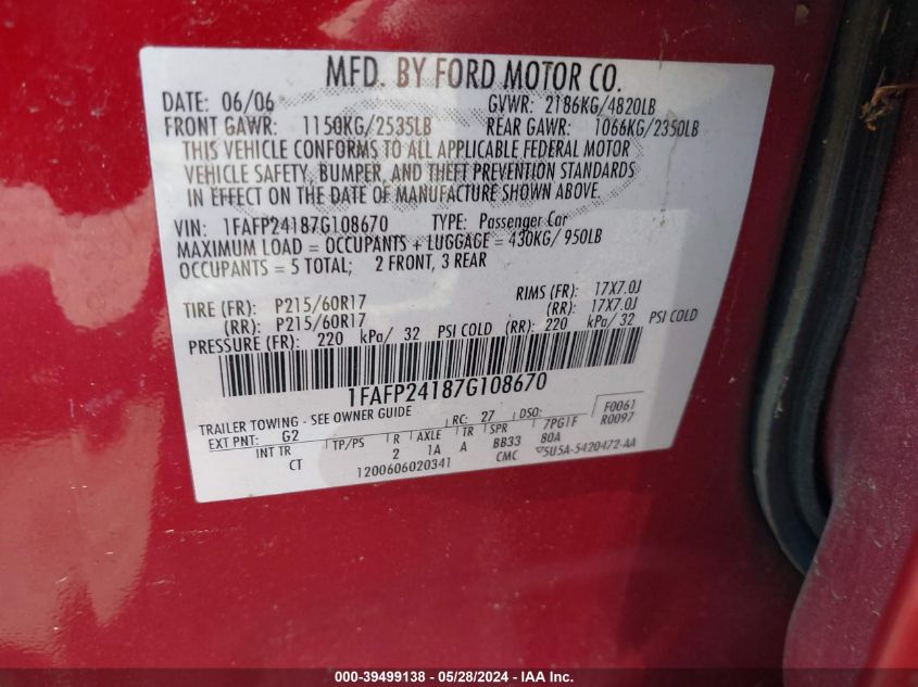 2007 Ford Five Hundred Sel VIN: 1FAFP24187G108670 Lot: 39499138