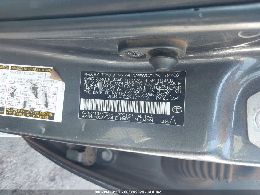 2009 Toyota Corolla Le VIN: JTDBL40E29J021202 Lot: 39499157