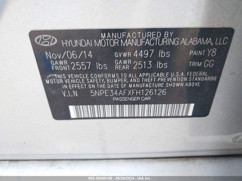 2015 Hyundai Sonata Limited VIN: 5NPE34AFXFH126126 Lot: 39499159
