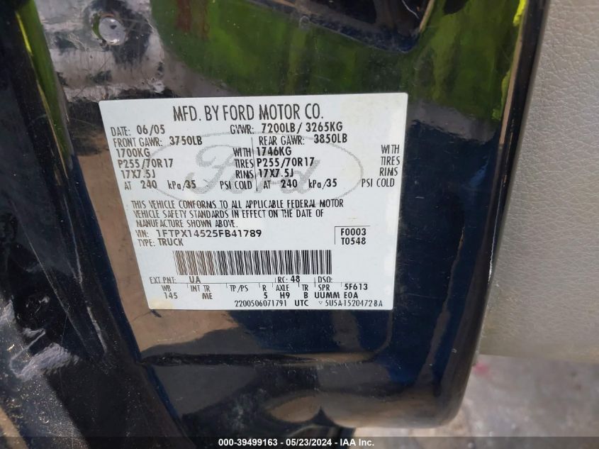 2005 Ford F-150 Fx4/Lariat/Xl/Xlt VIN: 1FTPX14525FB41789 Lot: 39499163