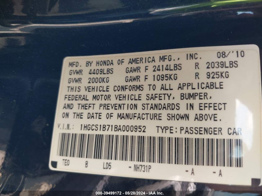 2011 Honda Accord 2.4 Ex VIN: 1HGCS1B71BA000952 Lot: 39499172