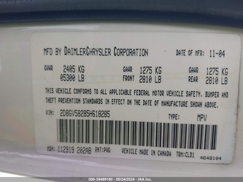 2005 Dodge Magnum Rt VIN: 2D8GV58285H618285 Lot: 39499180