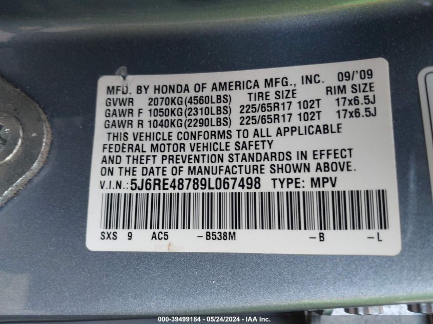 2009 Honda Cr-V Ex-L VIN: 5J6RE48789L067498 Lot: 39499184