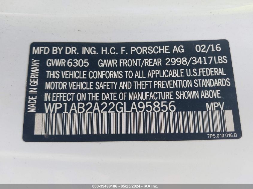 2016 Porsche Cayenne S VIN: WP1AB2A22GLA95856 Lot: 39499186