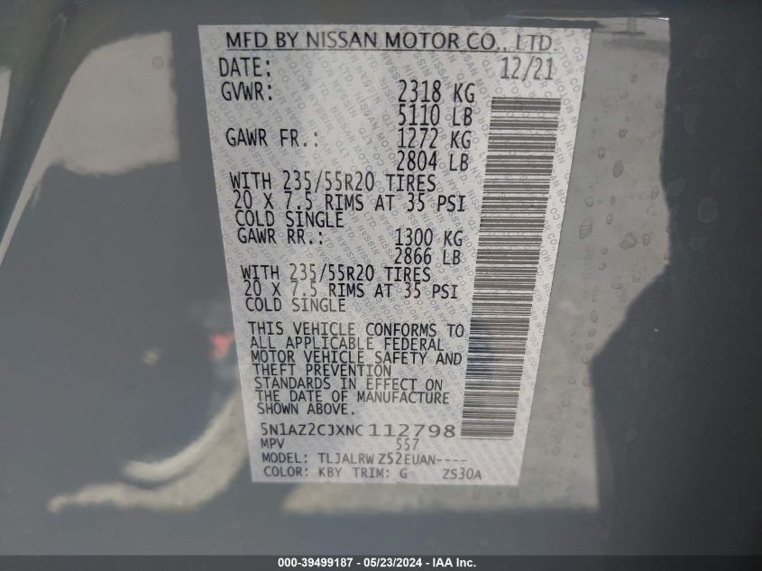 2022 Nissan Murano Sl Fwd VIN: 5N1AZ2CJXNC112798 Lot: 39499187