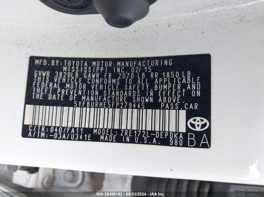 2015 Toyota Corolla L VIN: 5YFBURHE5FP279445 Lot: 39499192