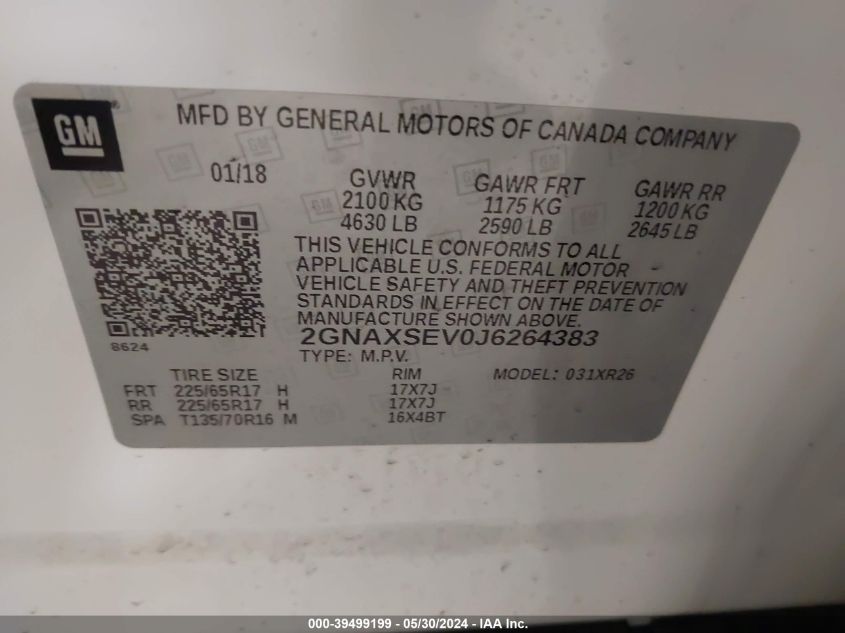 2018 CHEVROLET EQUINOX LT - 2GNAXSEV0J6264383