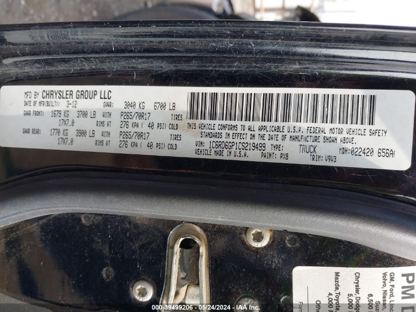 2012 Ram 1500 Slt VIN: 1C6RD6GP1CS219499 Lot: 39499206