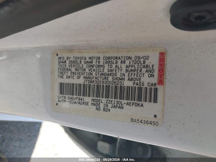 2003 Toyota Corolla Ce VIN: JTDBR32E830026231 Lot: 39499220