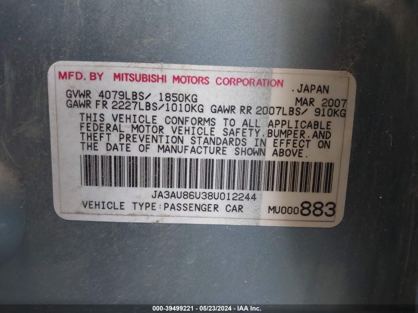 2008 Mitsubishi Lancer Gts VIN: JA3AU86U38U012244 Lot: 39499221