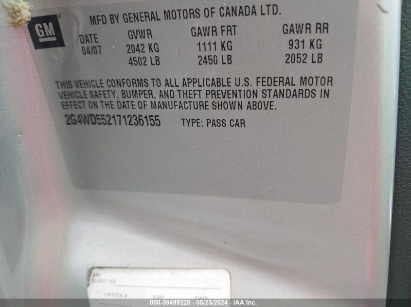 2007 Buick Lacrosse Cxl VIN: 2G4WD552171236155 Lot: 39499228
