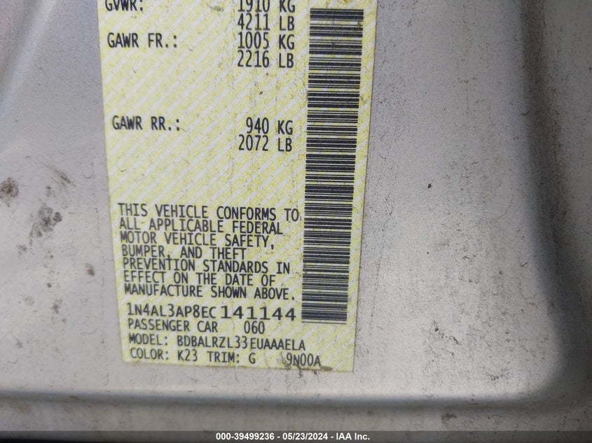 2014 Nissan Altima 2.5 S VIN: 1N4AL3AP8EC141144 Lot: 39499236