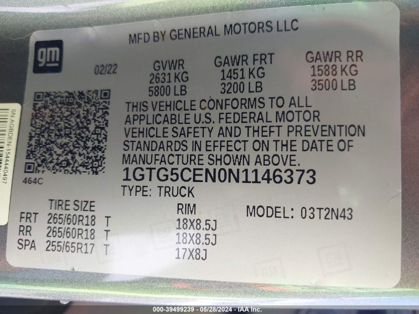 2022 GMC Canyon 2Wd Short Box Elevation VIN: 1GTG5CEN0N1146373 Lot: 39499239