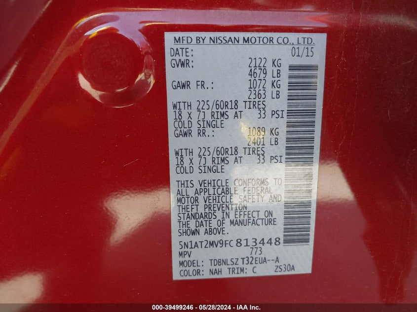 2015 Nissan Rogue Sl VIN: 5N1AT2MV9FC813448 Lot: 39499246