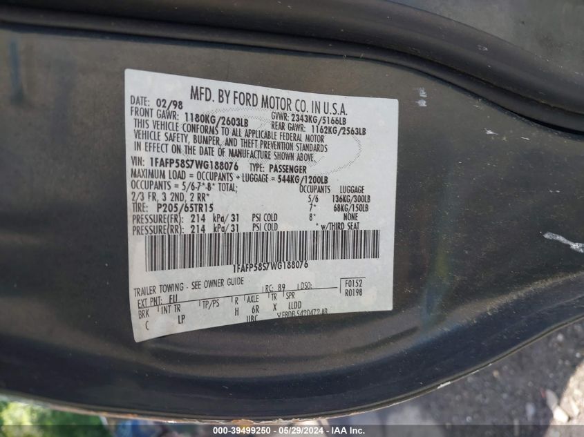 1998 Ford Taurus Se VIN: 1FAFP58S7WG188076 Lot: 39499250