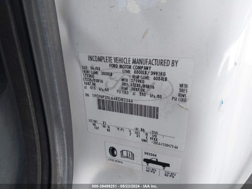 2004 Ford F-250 Xl/Xlt VIN: 1FDNF20L64ED83344 Lot: 39499251