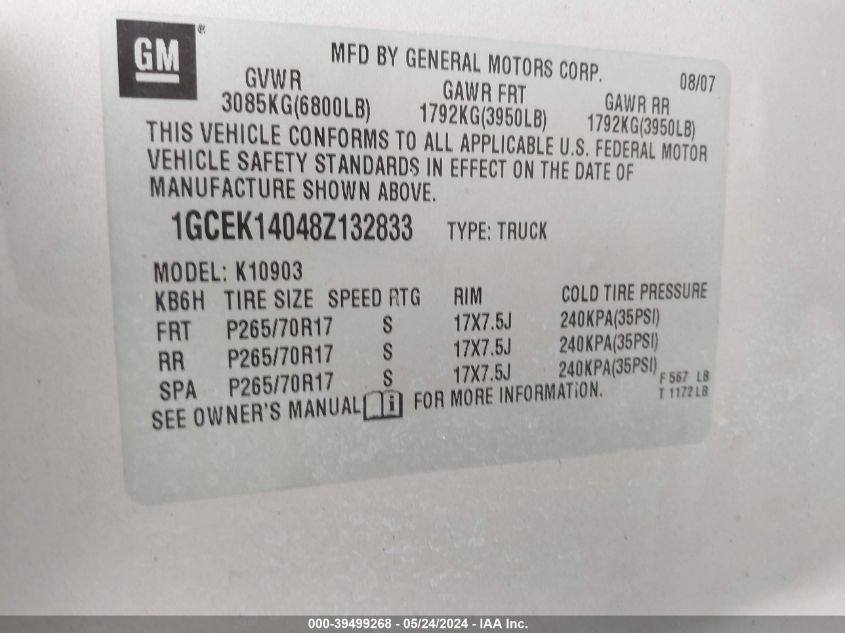 2008 Chevrolet Silverado 1500 Lt1 VIN: 1GCEK14048Z132833 Lot: 39499268