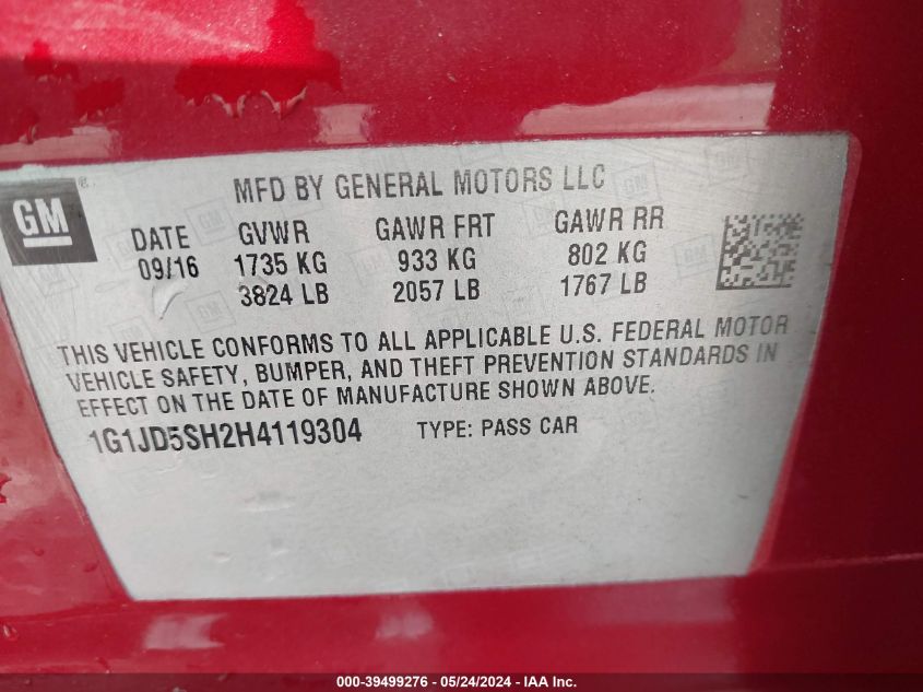 2017 Chevrolet Sonic Lt Auto VIN: 1G1JD5SH2H4119304 Lot: 39499276