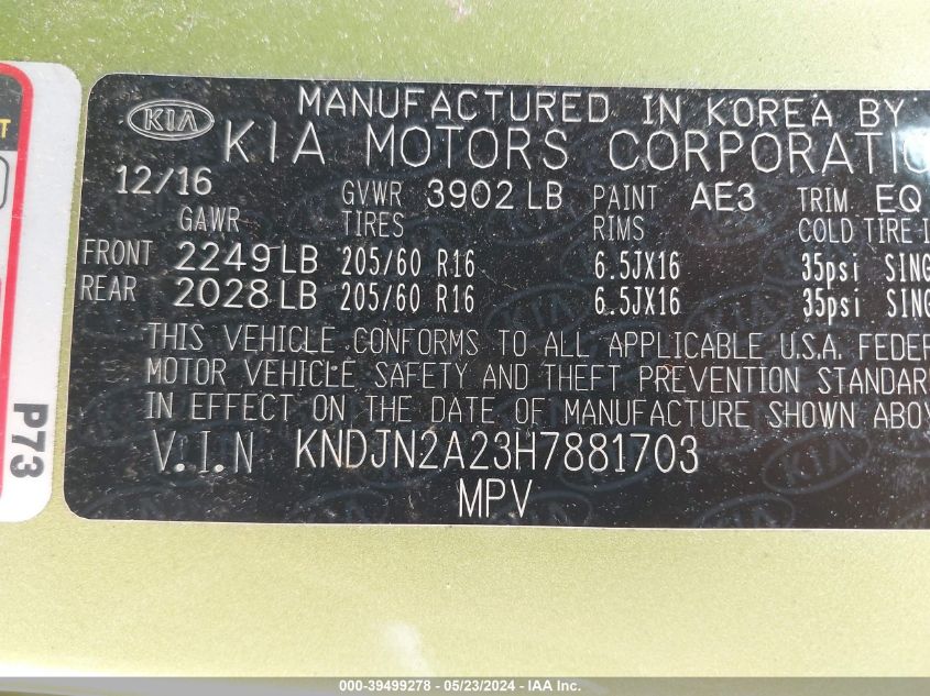 2017 Kia Soul VIN: KNDJN2A23H7881703 Lot: 39499278