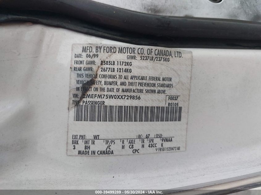 1999 Mercury Grand Marquis Ls VIN: 2MEFM75W0XX729856 Lot: 39499289