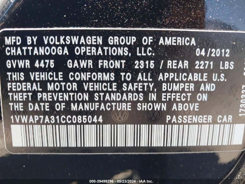 2012 Volkswagen Passat 2.5L S VIN: 1VWAP7A31CC085044 Lot: 39499296
