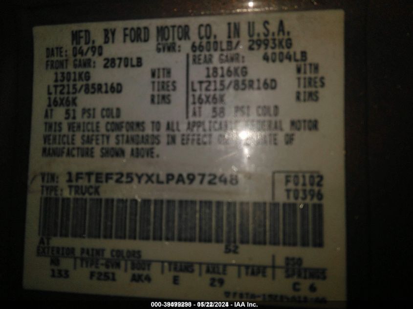 1990 Ford F250 VIN: 1FTEF25YXLPA97248 Lot: 39499298