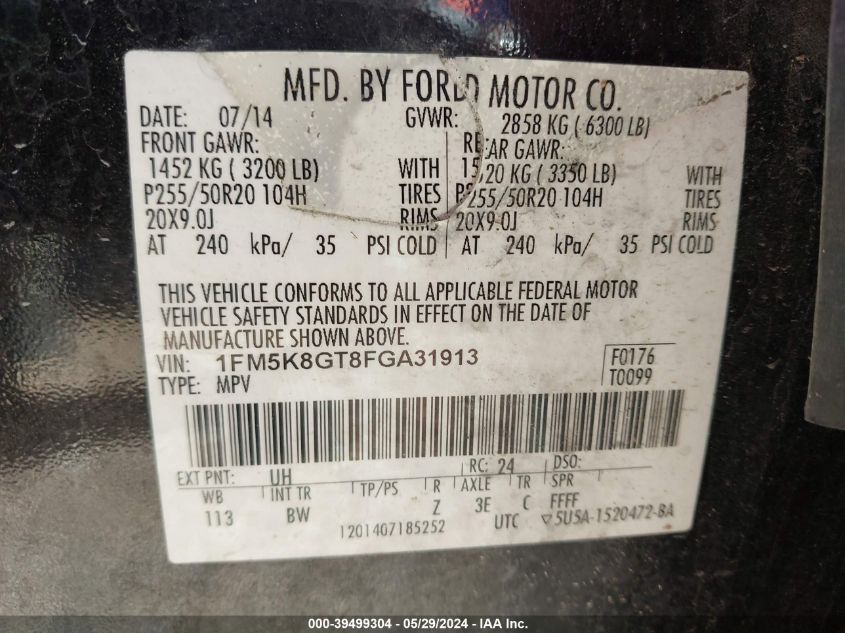 2015 Ford Explorer Sport VIN: 1FM5K8GT8FGA31913 Lot: 39499304