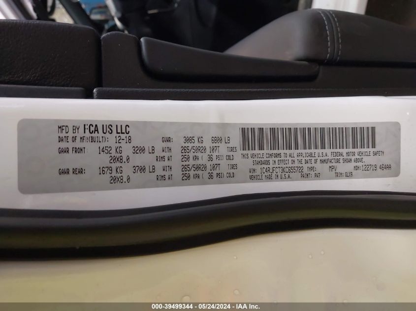 2019 Jeep Grand Cherokee Overland 4X4 VIN: 1C4RJFCT3KC655722 Lot: 39499344