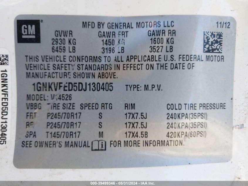 2013 Chevrolet Traverse Ls VIN: 1GNKVFED5DJ130405 Lot: 39499346