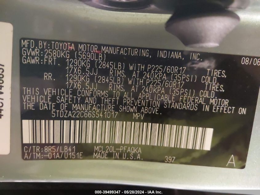 2006 Toyota Sienna Xle VIN: 5TDZA22C66S541017 Lot: 39499347