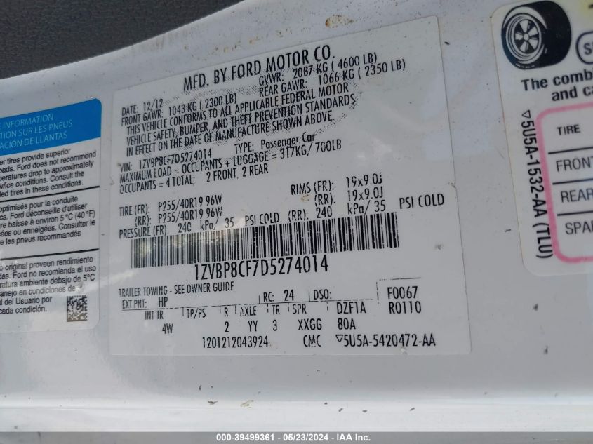 2013 Ford Mustang Gt Premium VIN: 1ZVBP8CF7D5274014 Lot: 39499361