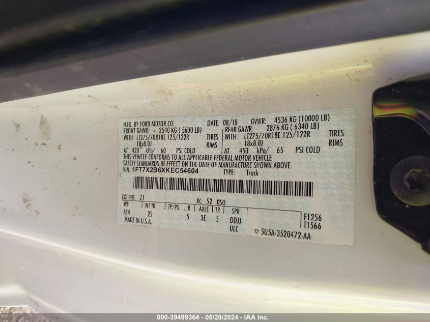 2019 Ford F-250 Xlt VIN: 1FT7X2B6XKEC54604 Lot: 39499364