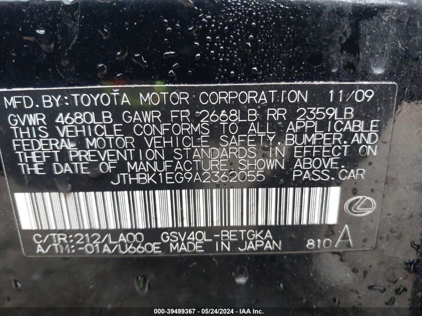 2010 Lexus Es 350 VIN: JTHBK1EG9A2362055 Lot: 39499367