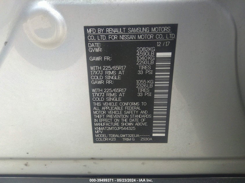 2018 Nissan Rogue Sv VIN: KNMAT2MT0JP544325 Lot: 39499371