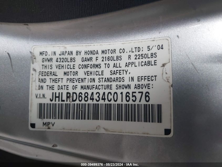 2004 Honda Cr-V Lx VIN: JHLRD68434C016576 Lot: 39499376