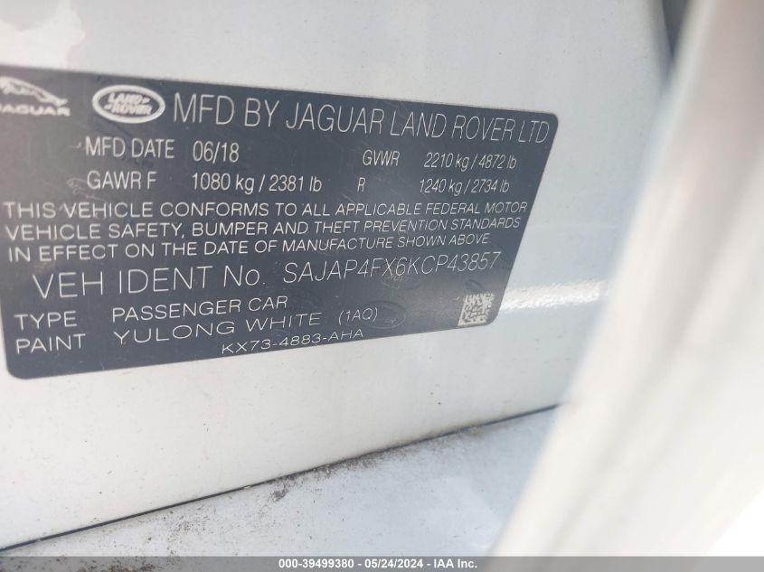 2019 Jaguar Xe 25T Landmark VIN: SAJAP4FX6KCP43857 Lot: 39499380