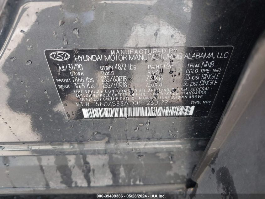 2020 Hyundai Santa Fe Sel VIN: 5NMS33AD0LH26012 Lot: 39499386