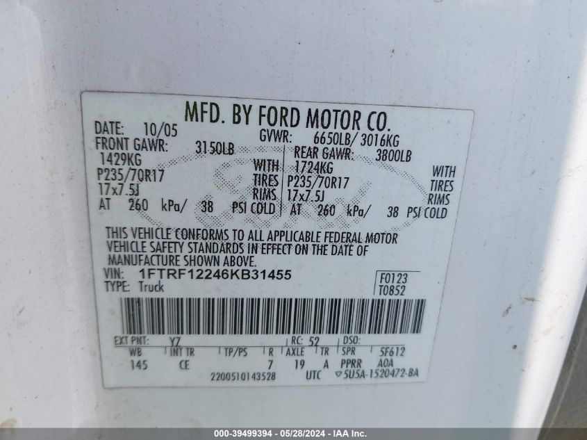 2006 Ford F-150 Stx/Xl/Xlt VIN: 1FTRF12246KB31455 Lot: 39499394