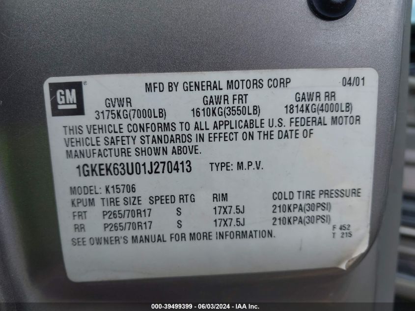 2001 GMC Yukon Denali VIN: 1GKEK63U01J270413 Lot: 39499399