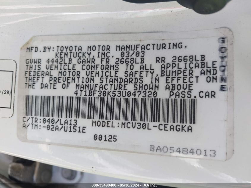 2003 Toyota Camry Xle V6 VIN: 4T1BF30K53U047320 Lot: 39499400