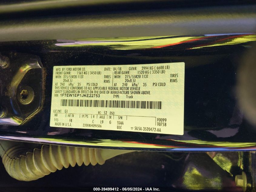 2018 Ford F-150 Xlt VIN: 1FTEW1EP1JKE22753 Lot: 39499412