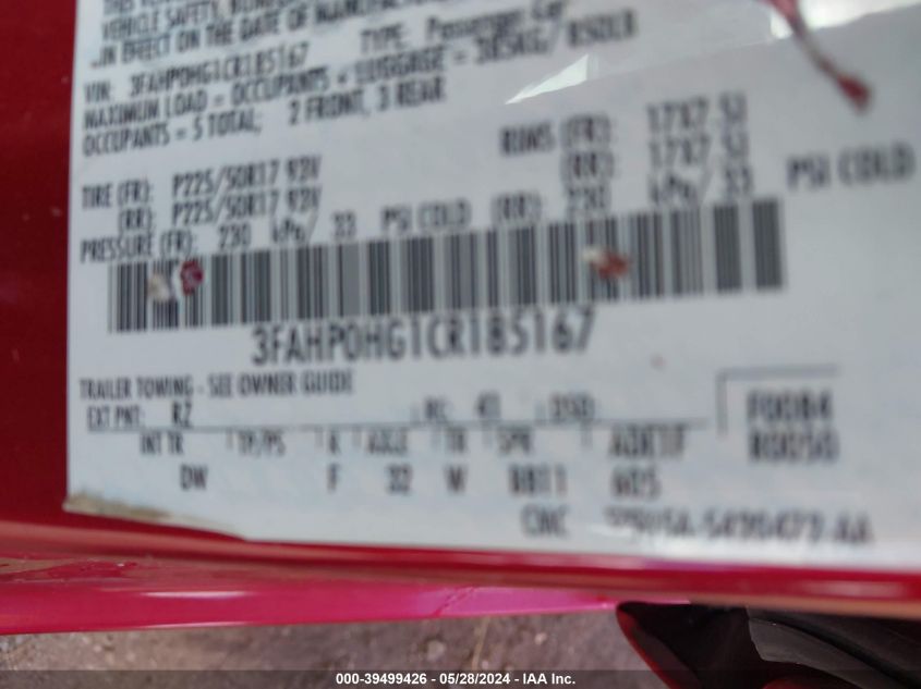 2012 Ford Fusion Se VIN: 3FAHP0HG1CR185167 Lot: 39499426