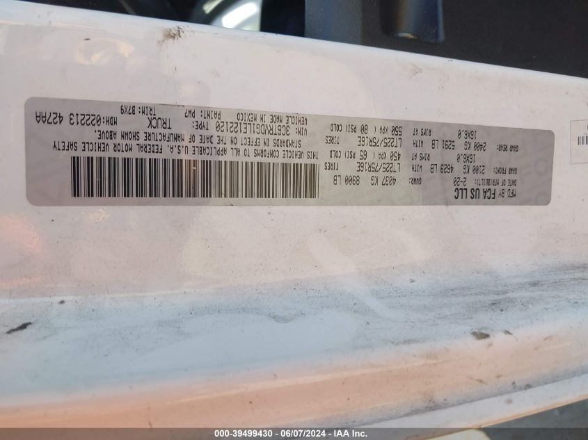 2020 Ram Promaster 2500 High Roof 159 Wb VIN: 3C6TRVDG1LE122120 Lot: 39499430